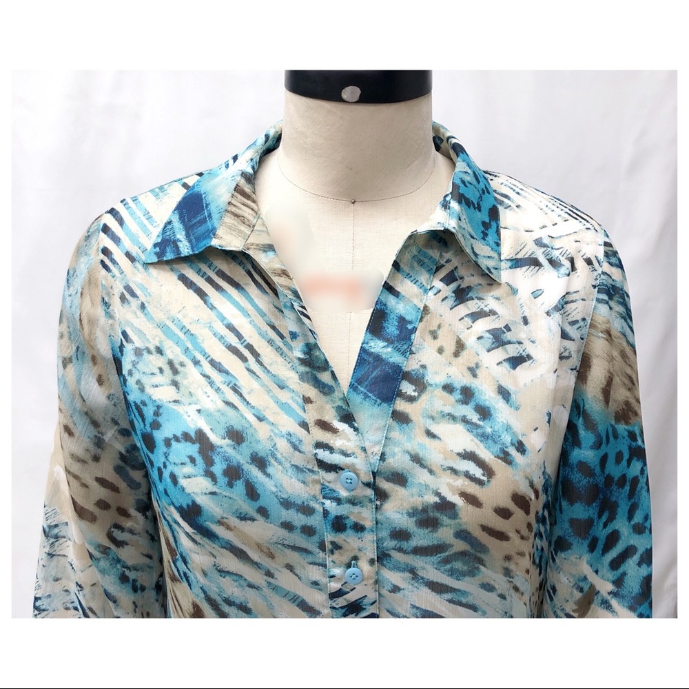 Chico's Blue Cream Animal Print Burnout Blouse - Picture 2 of 15